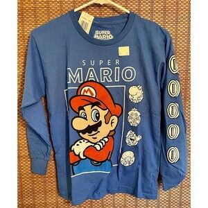 Nintendo T Shirt Boys Size M Blue Super Mario Long Sleeve